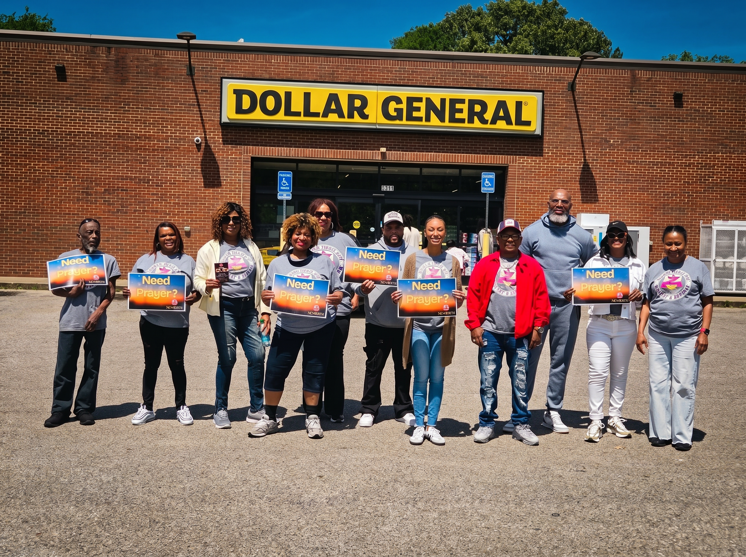 New Birth Ministries members holding 'Need Prayer?' signs at community outreach in Florence, AL